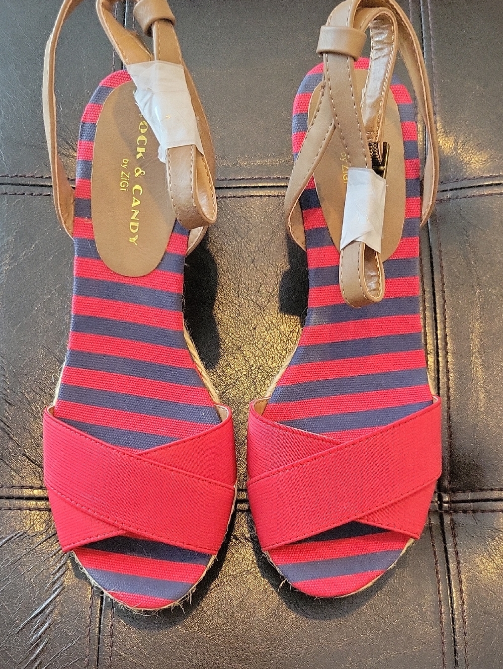 Rock & Candy Red Crossover Wedge Sandals with Navy Stripes 7